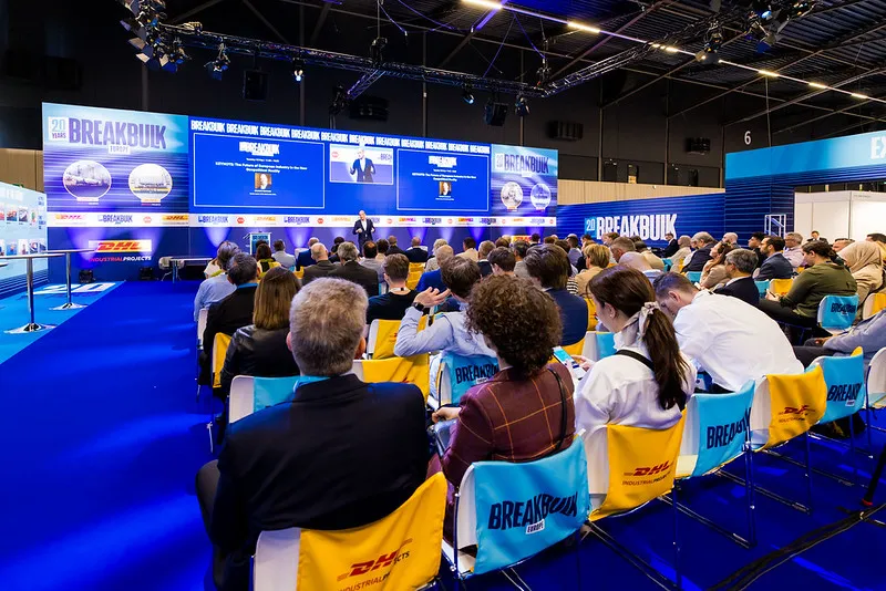 Audience attends a presentation on the Breakbulk Live stage at Breakbulk Europe.