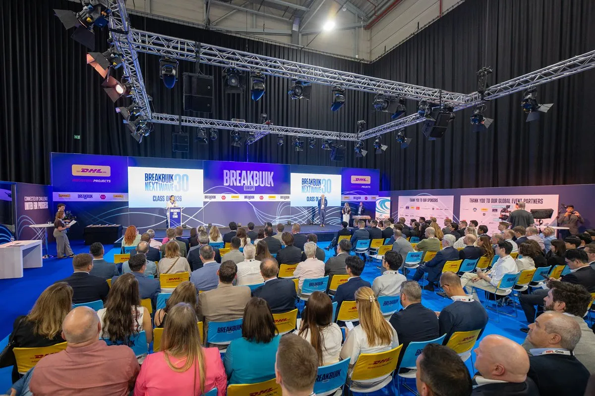 Audience attends the NextWave 30 programme on stage at Breakbulk Europe.