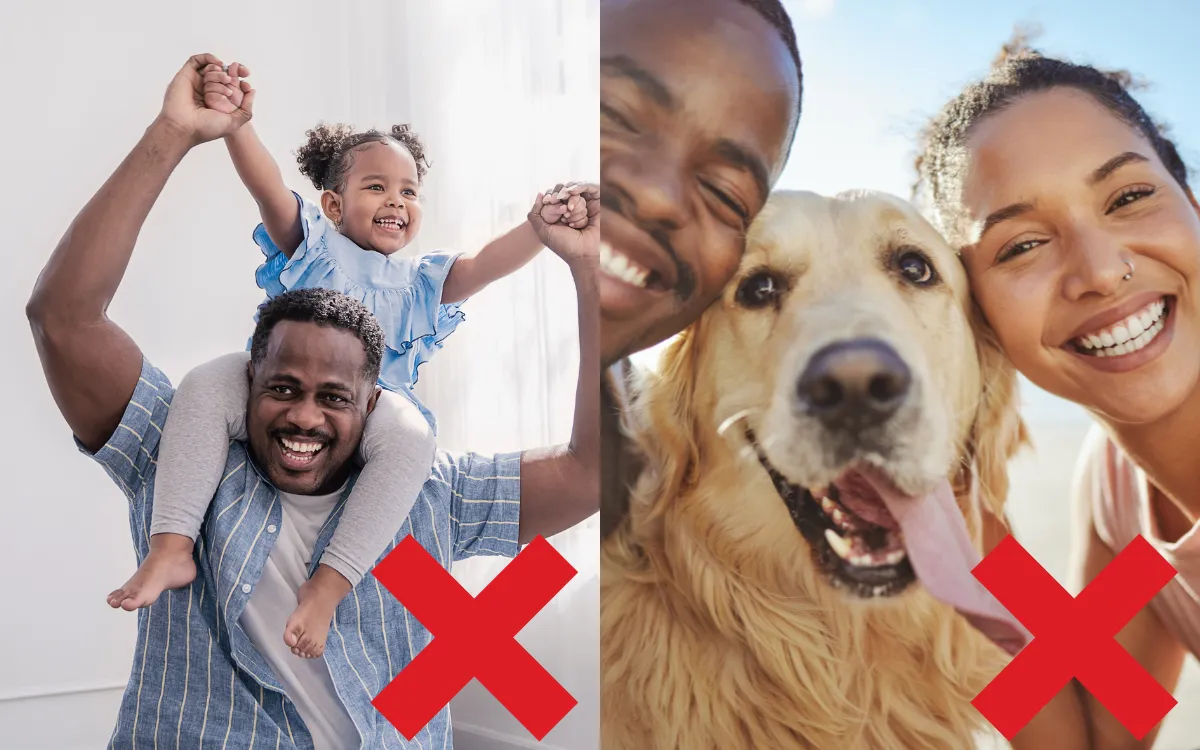 Examples of unsuitable speaker photos featuring family members or pets.
