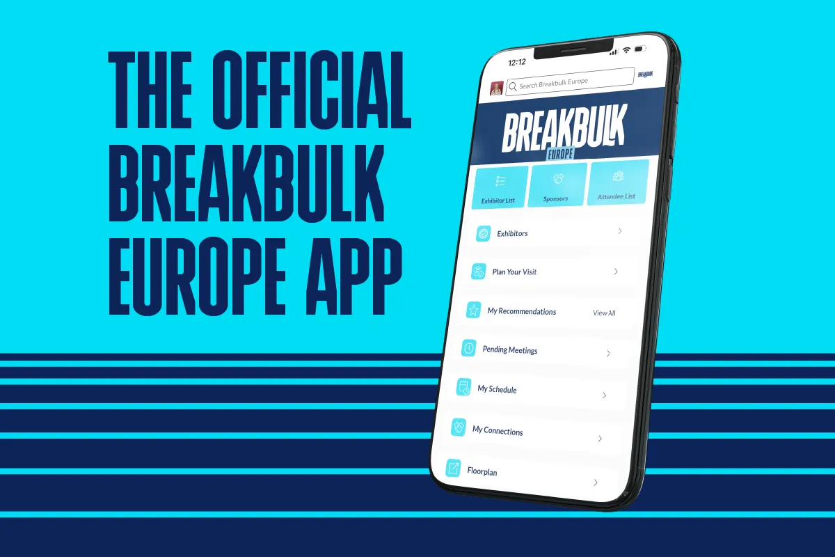 Breakbulk Europe app shown on a smartphone against a turquoise and navy promotional banner.