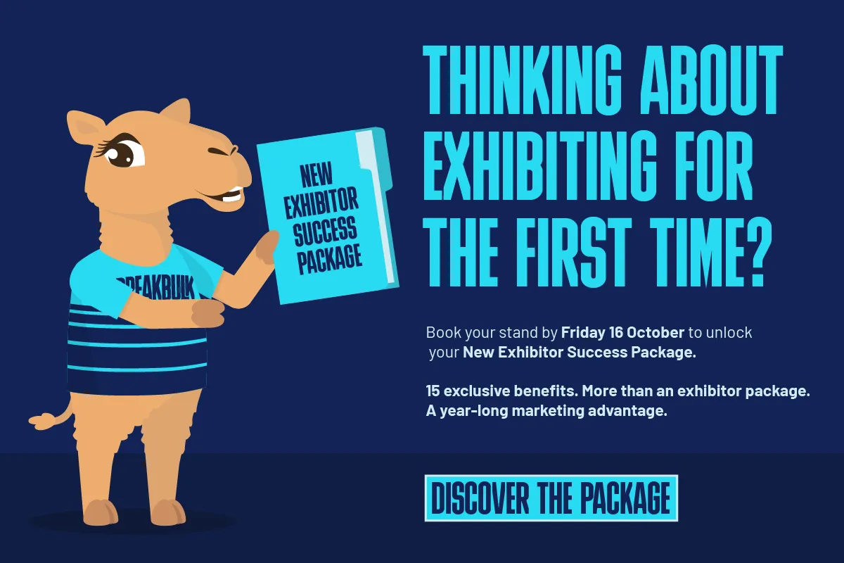 Cargo the Camel promotes the New Exhibitor Success Package for first-time exhibitors.