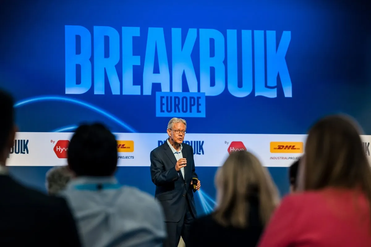 Keynote speaker addresses the audience on stage at Breakbulk Europe.