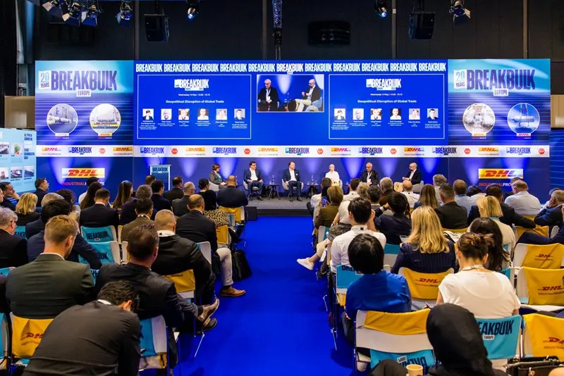 Audience watches a panel discussion on the Brekbulk Live Stage at Breakbulk Europe.